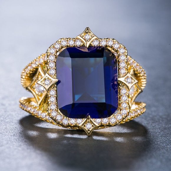 🍂 18K Gold Plated Luxury Stylish Blue CZ Wedding Ring, FB16FA1088 - Picture 1 of 4